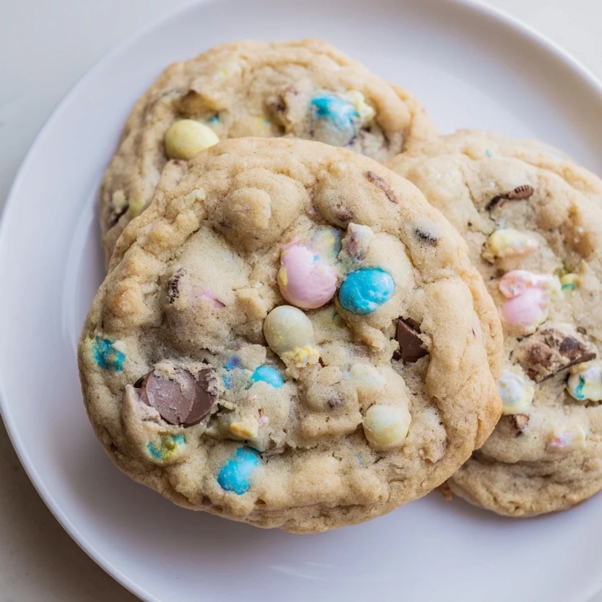 Chewy Cadbury Egg Cookies fresh from the oven with golden edges and pastel egg chunks