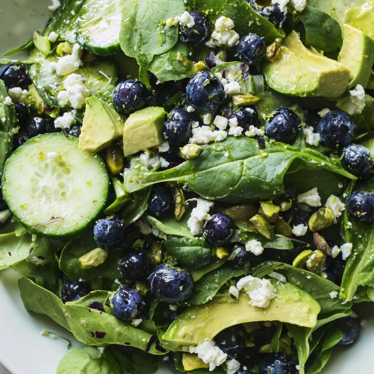 Blueberry Pistachio Spring Salad topped with crumbled feta on a rustic wooden board