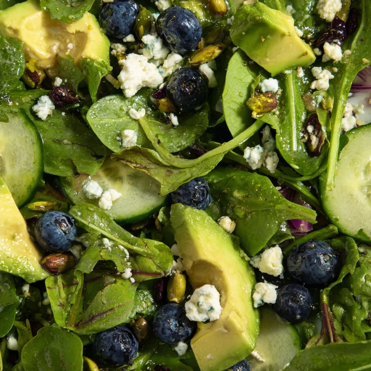 A vibrant Blueberry Pistachio Spring Salad bursting with fresh berries and creamy avocado