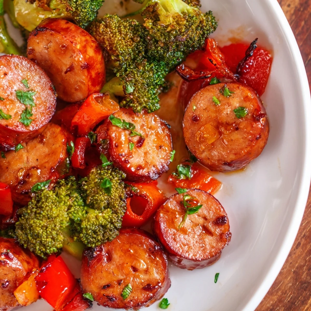 Golden honey garlic kielbasa roasted with colorful vegetables on a sheet pan