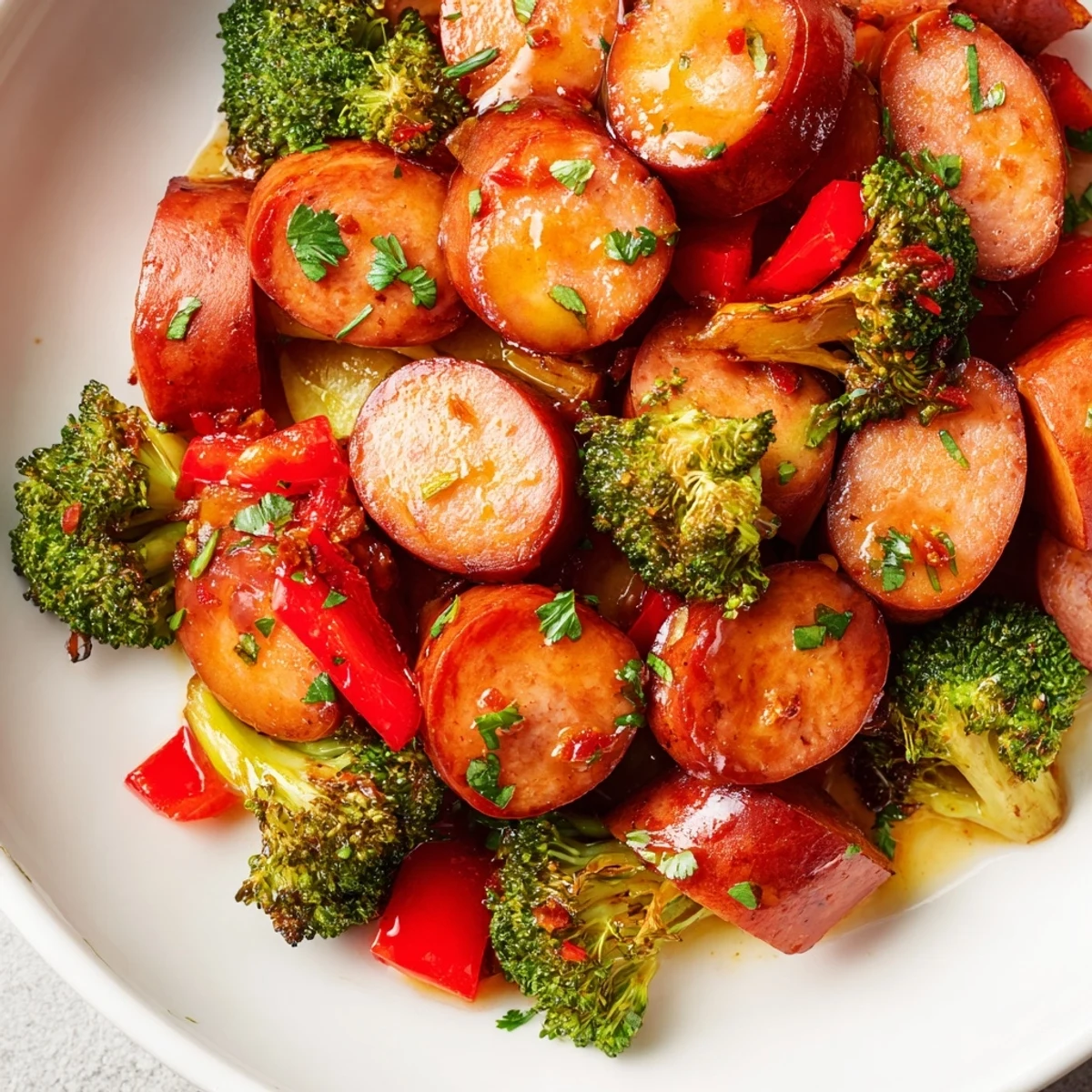 One pan honey garlic kielbasa with caramelized broccoli peppers and tender carrots