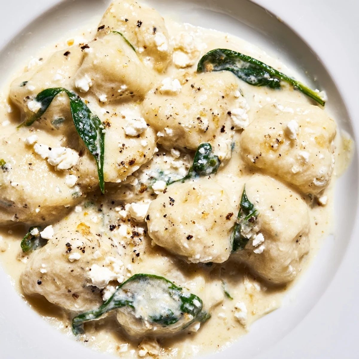 Soft pillowy gnocchi with spinach and feta swimming in velvety cream sauce
