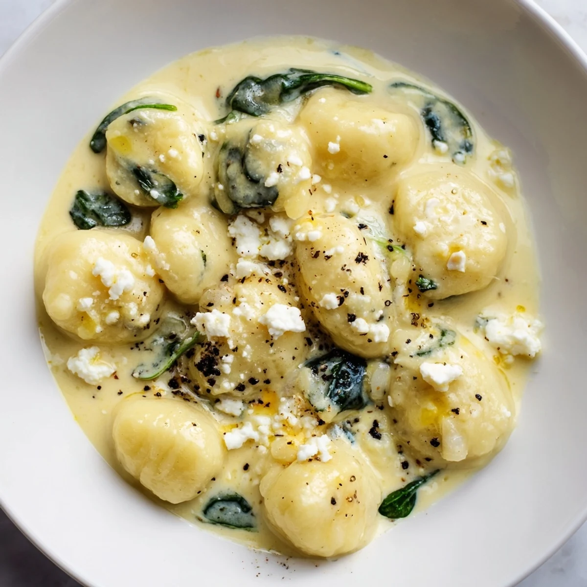 Creamy gnocchi with spinach and feta topped with crumbled cheese garnish