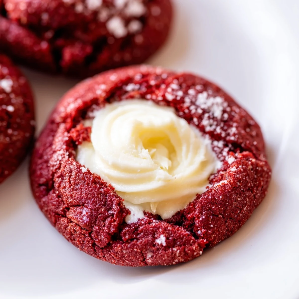 Red velvet thumbprint cookies with creamy cheesecake filling on a rustic white baking sheet