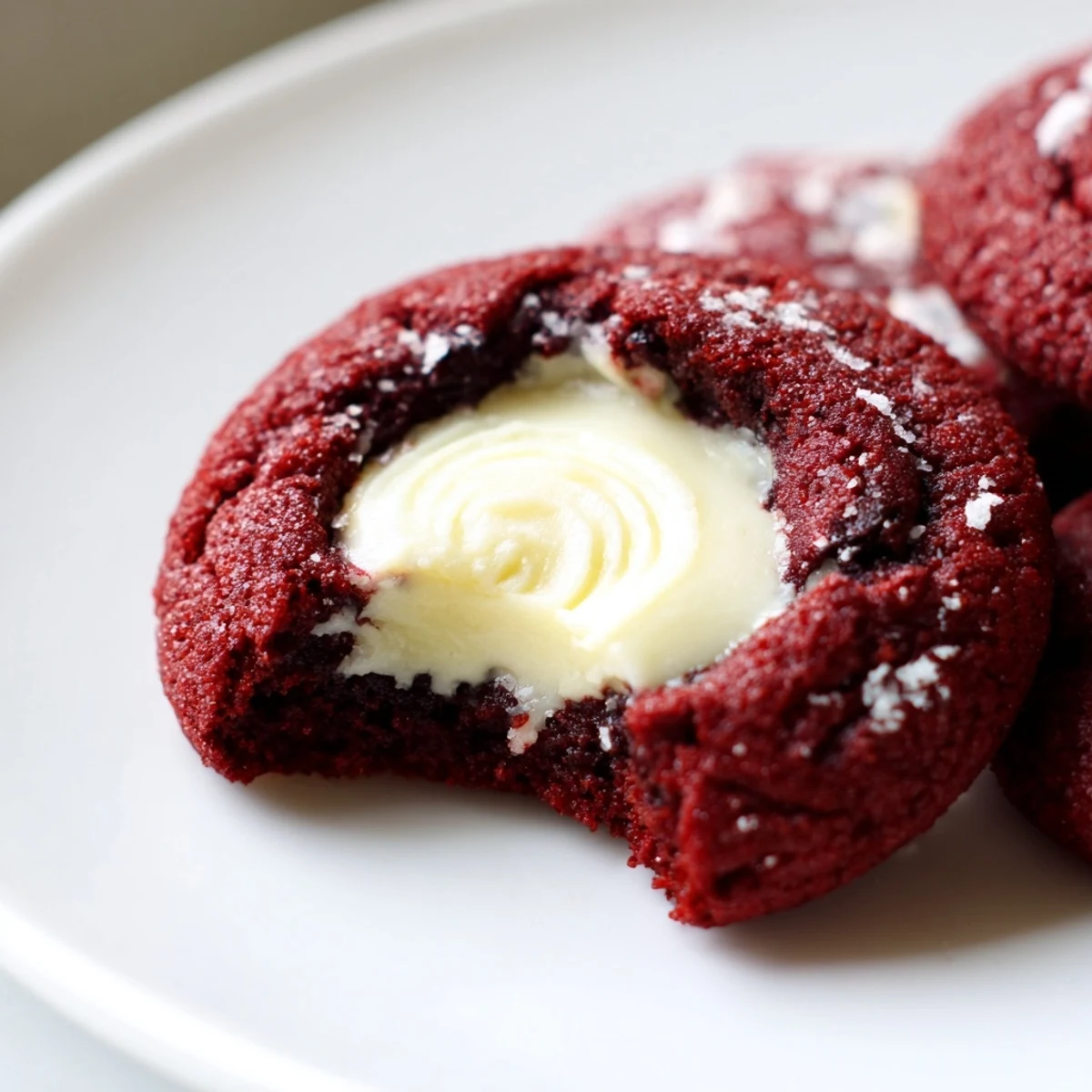 Bright red velvet thumbprint cookies topped with smooth cream cheese centers dusted in powdered sugar