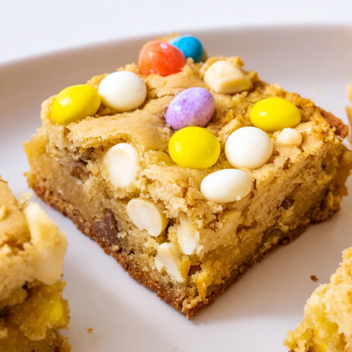 Chewy Mini Cadbury Easter Egg blondies with colorful candy topping on a rustic wooden cutting board