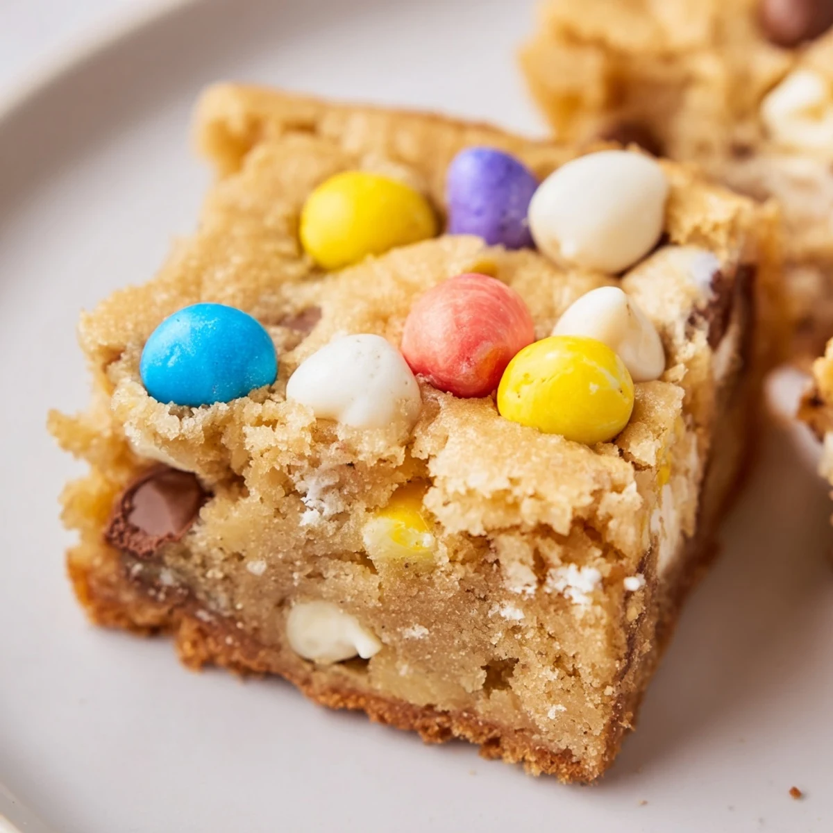Golden brown Mini Cadbury Easter Egg blondies sliced into squares with pastel chocolate eggs
