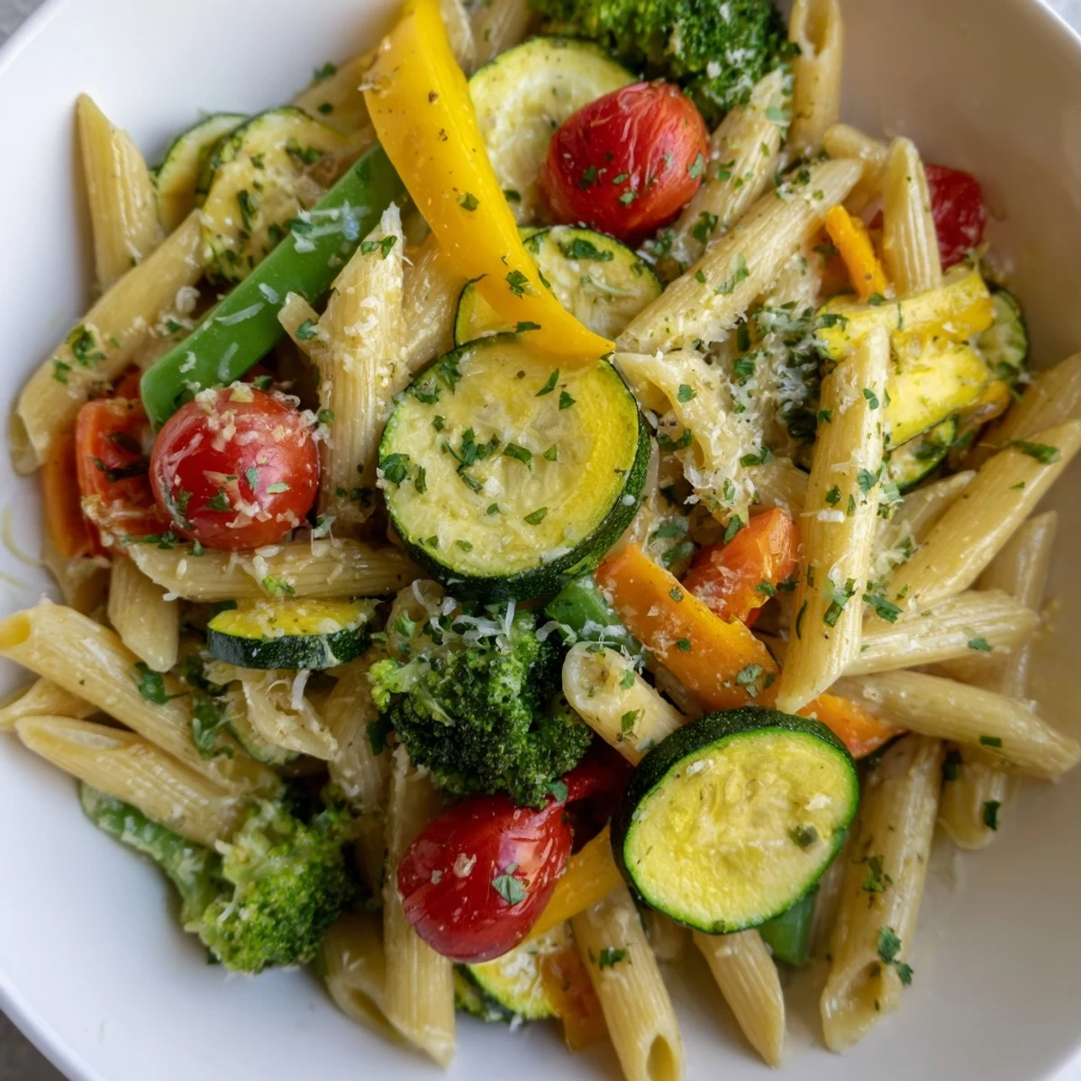 Colorful Pasta Primavera loaded with fresh spring vegetables in a light garlic sauce