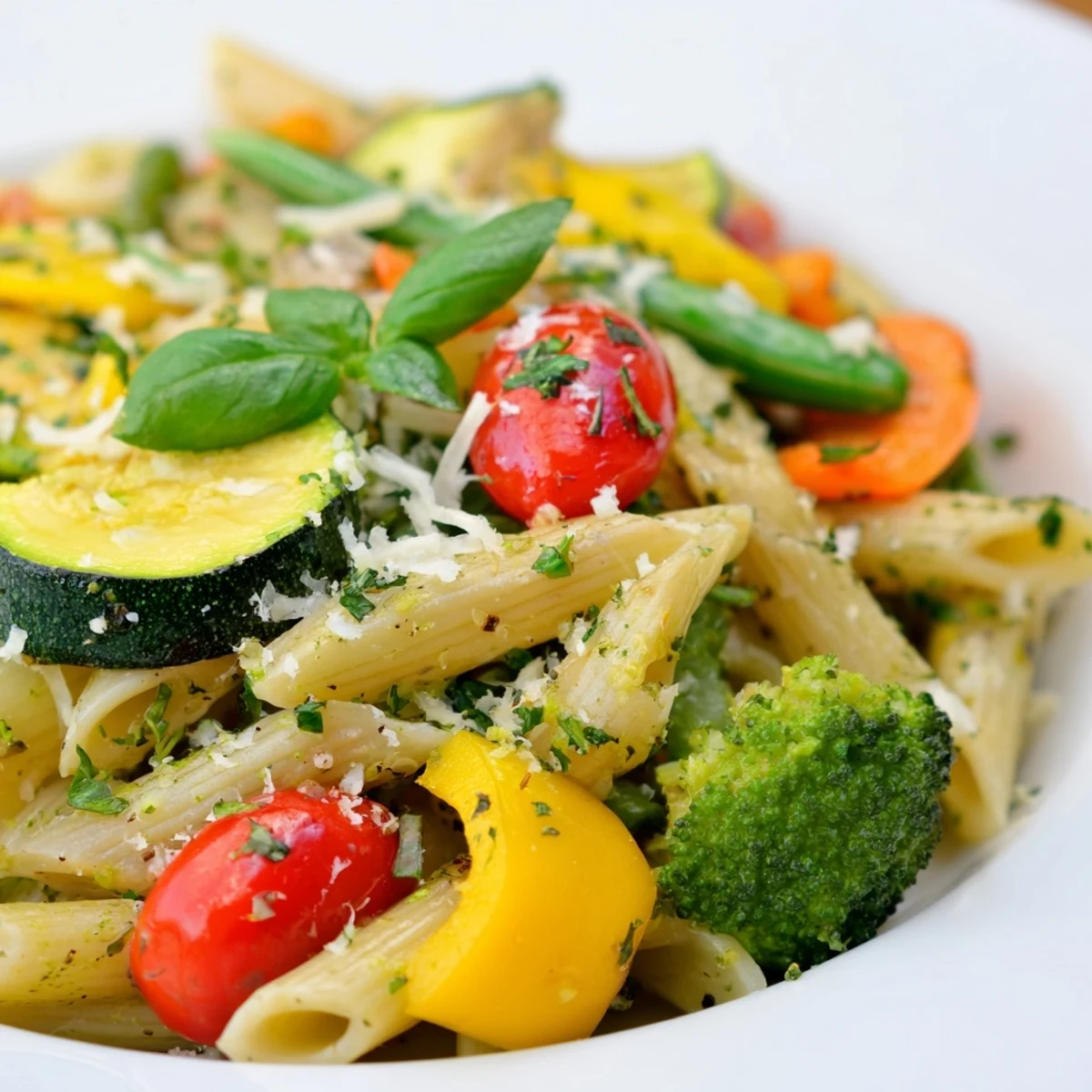 Steaming bowl of Pasta Primavera garnished with fresh basil and cherry tomatoes
