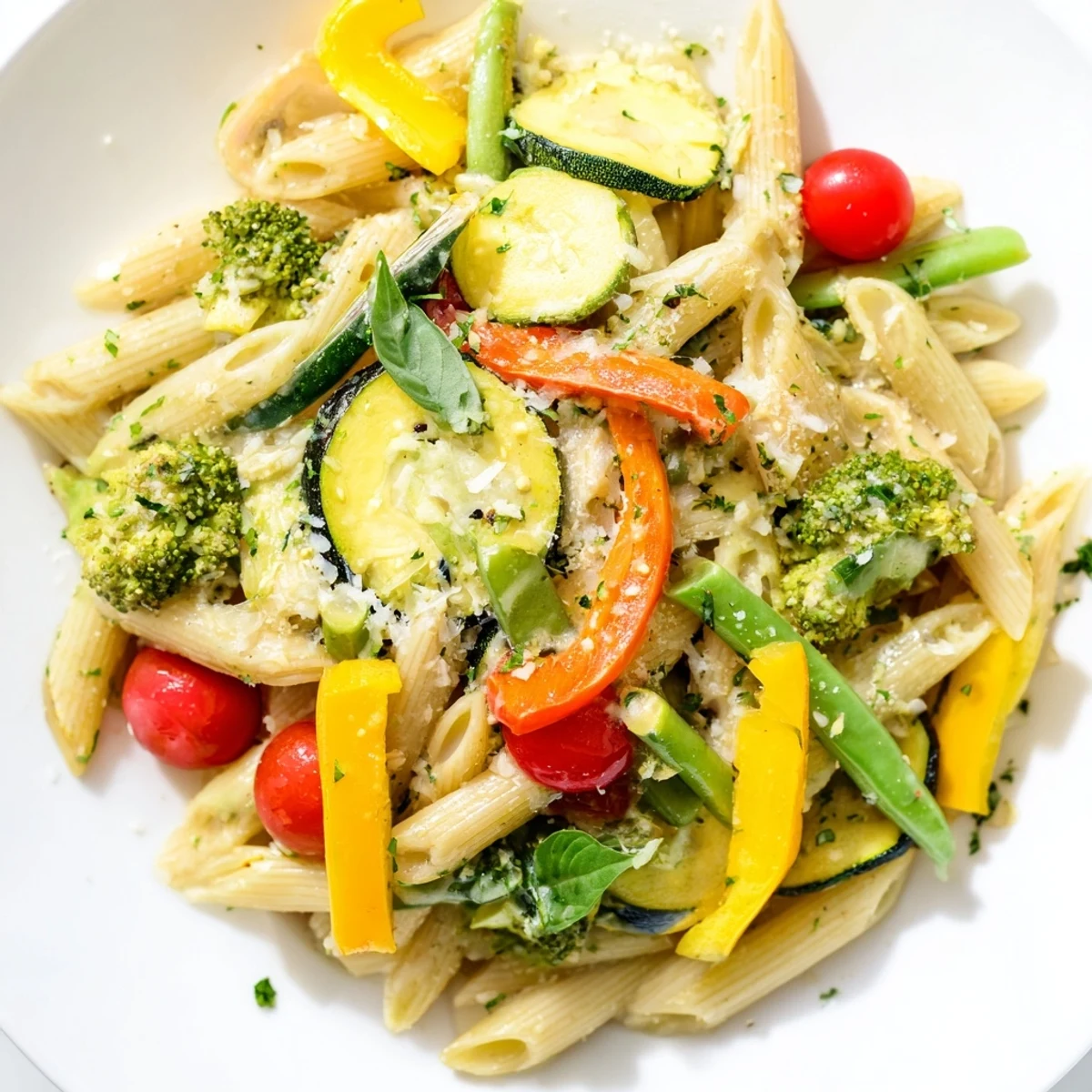 Creamy Pasta Primavera topped with parmesan and vibrant garden vegetables on a white plate