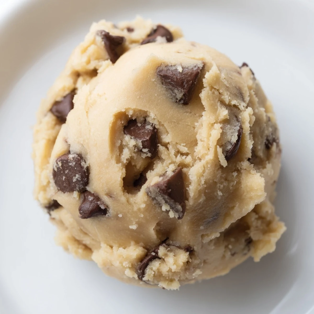 Creamy chocolate chip cookie dough scooped into balls and studded with melty semisweet chips