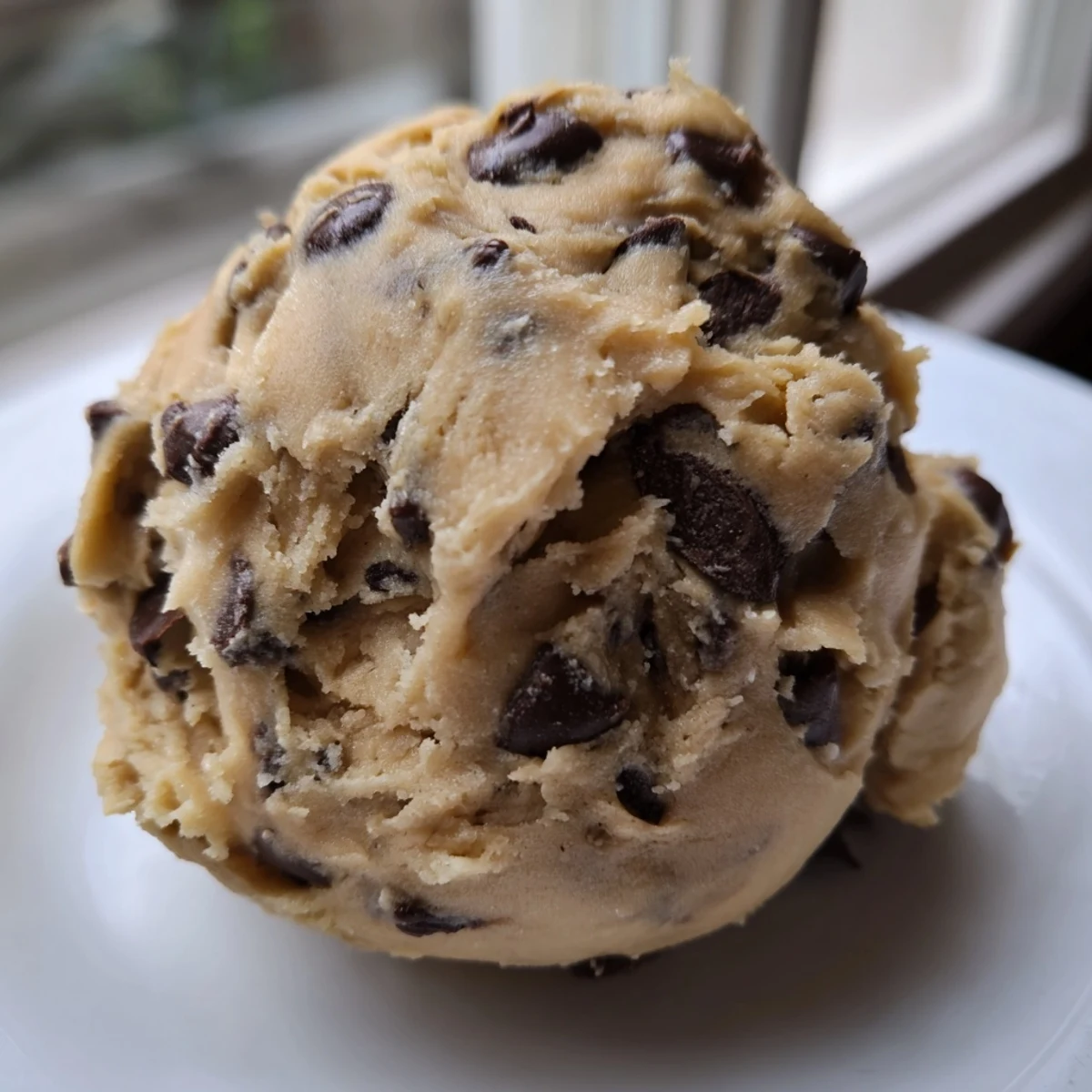 Golden chocolate chip cookie dough in a bowl with scattered chocolate chips ready for snacking