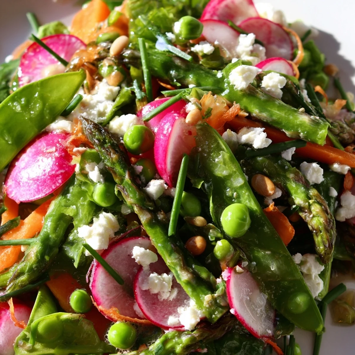 Bright Spring Salad loaded with crisp radishes, asparagus, and crumbled feta on a white plate