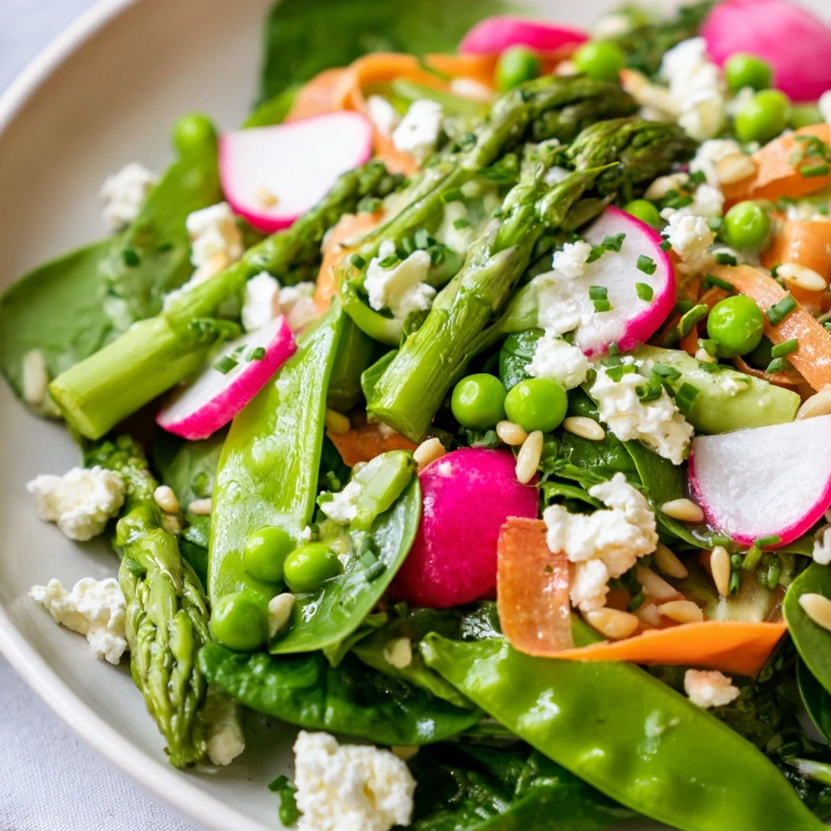 Vibrant Bright Spring Salad tossed in citrus vinaigrette with fresh greens and toasted sunflower seeds