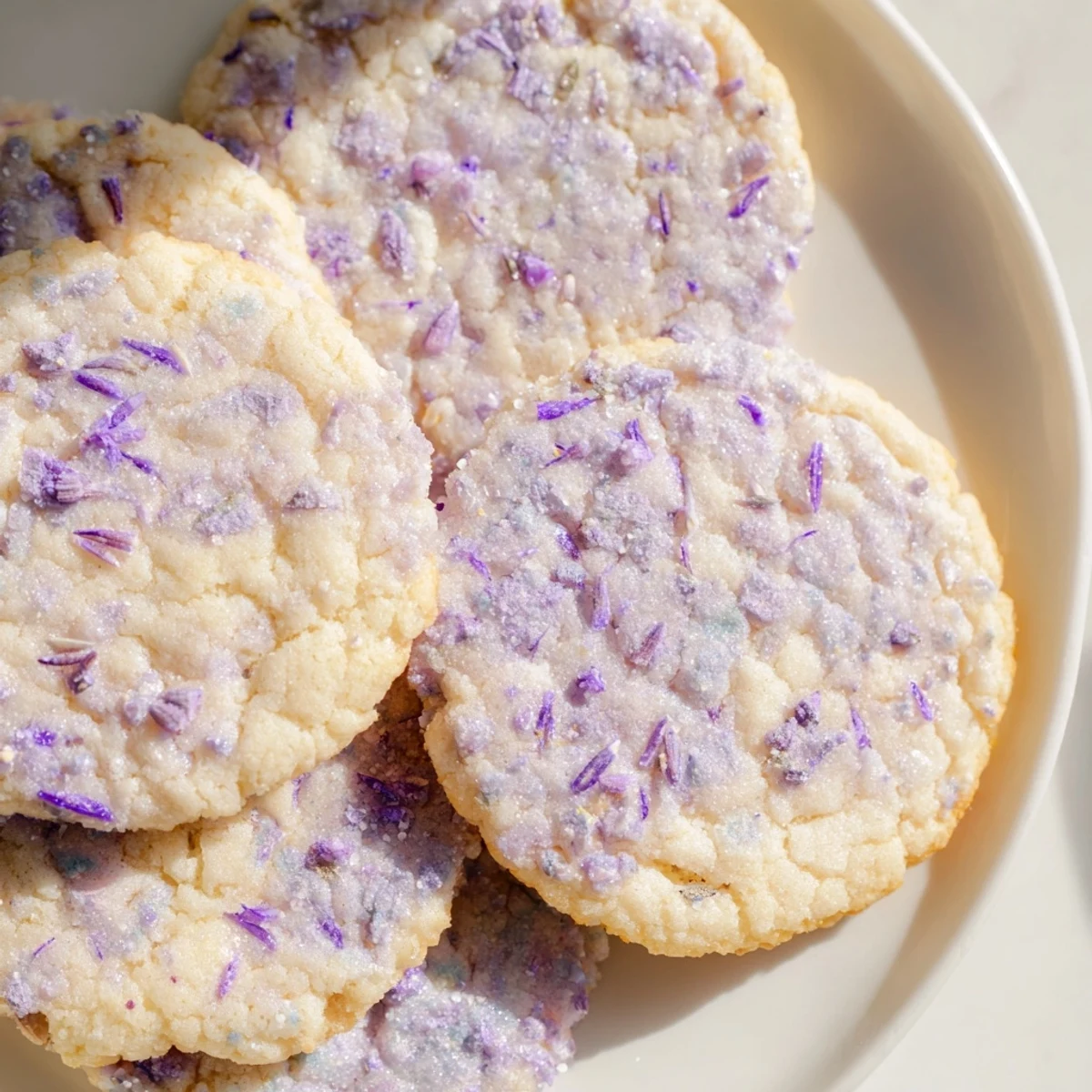 Soft lilac sugar cookies with pale purple hue arranged on rustic white serving plate