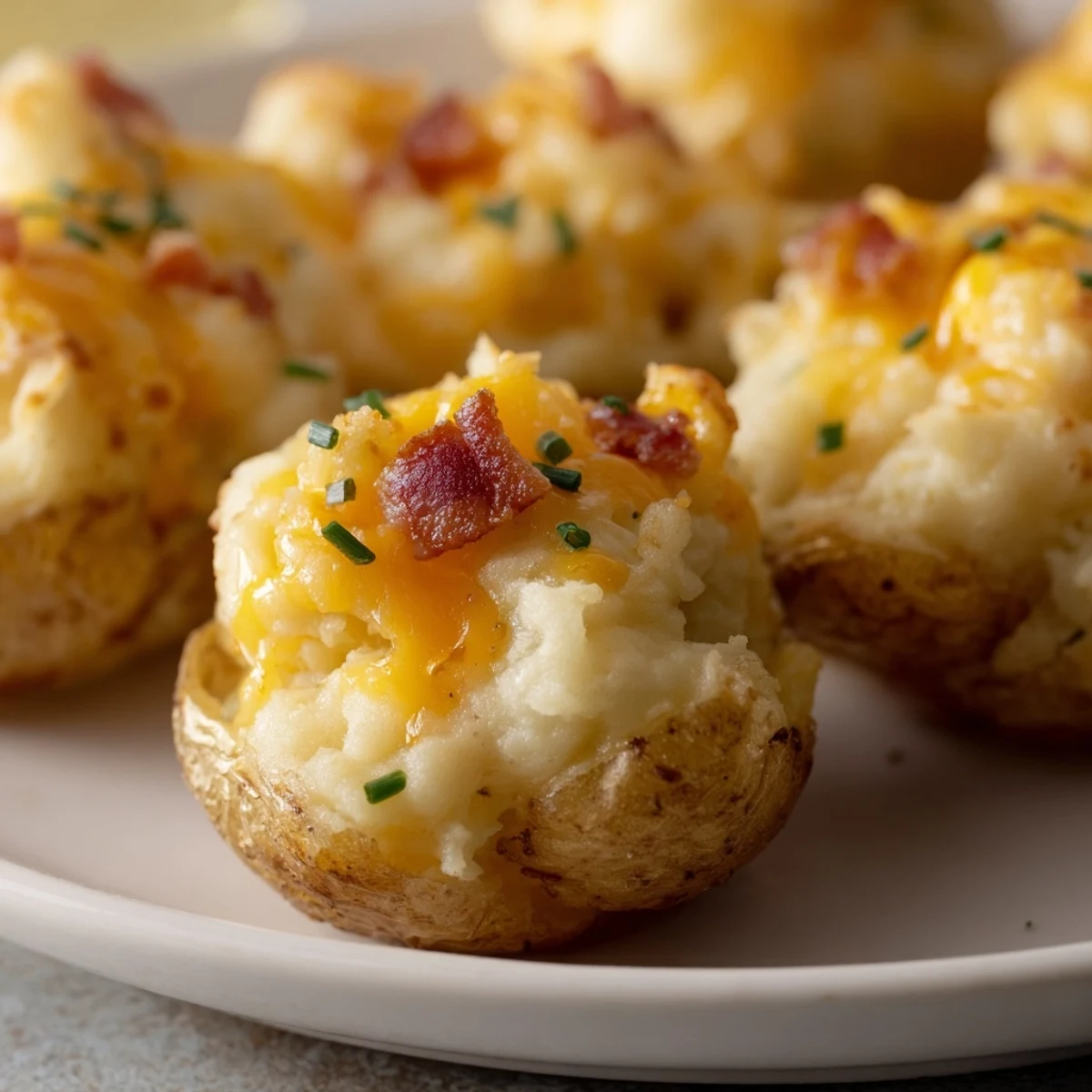 Crispy golden Irish Potato Bites filled with melted cheddar cheese and savory bacon crumbles