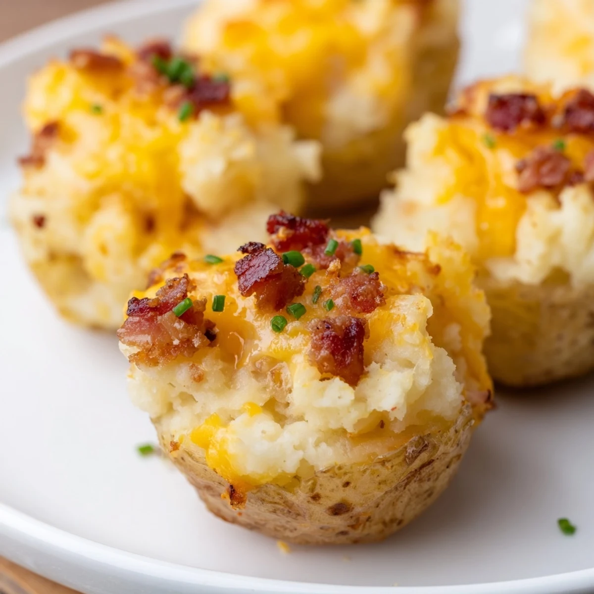 Irish Potato Bites arranged on a rustic serving platter garnished with fresh green chives