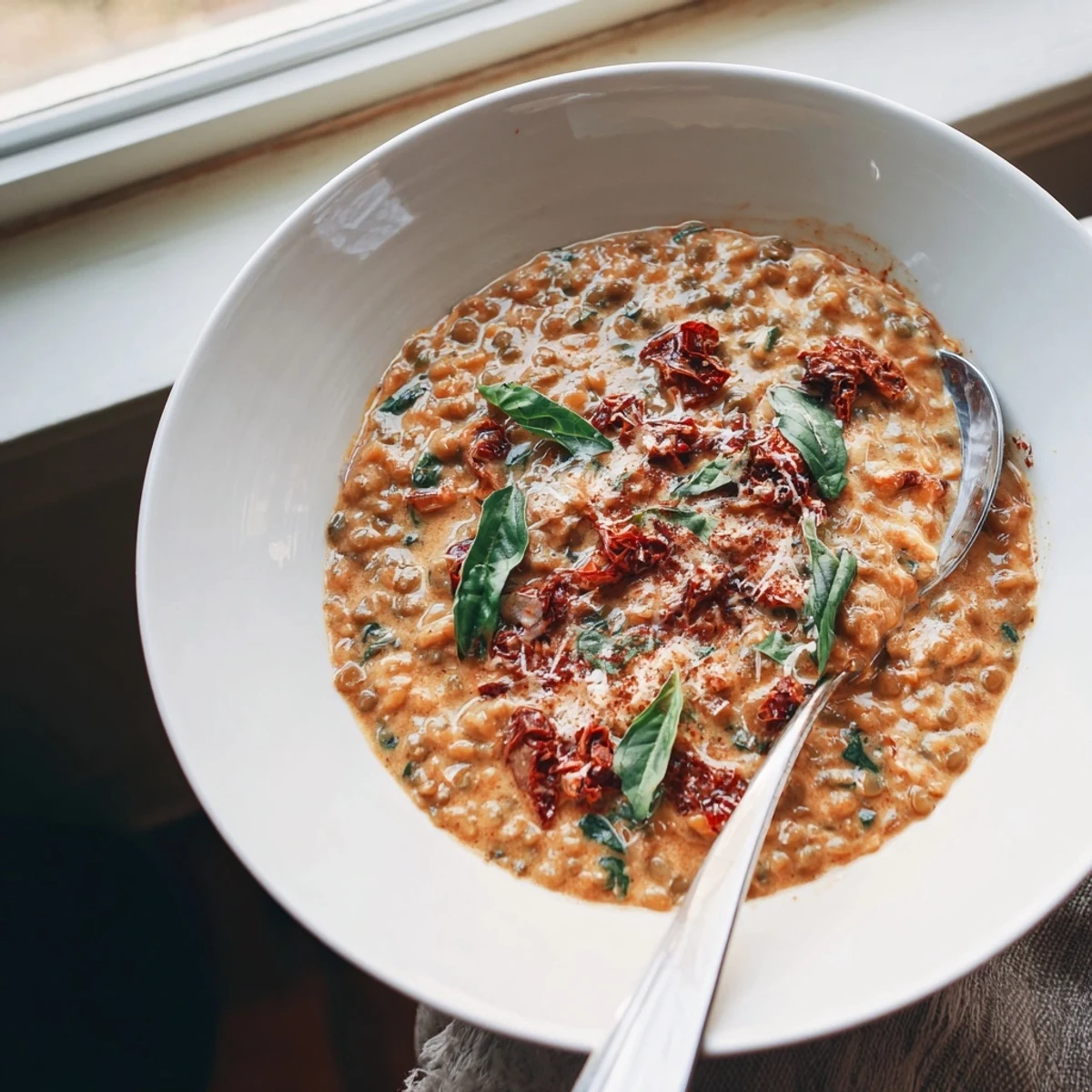 Creamy Marry Me Lentils swimming in rich sun-dried tomato sauce topped with fresh basil