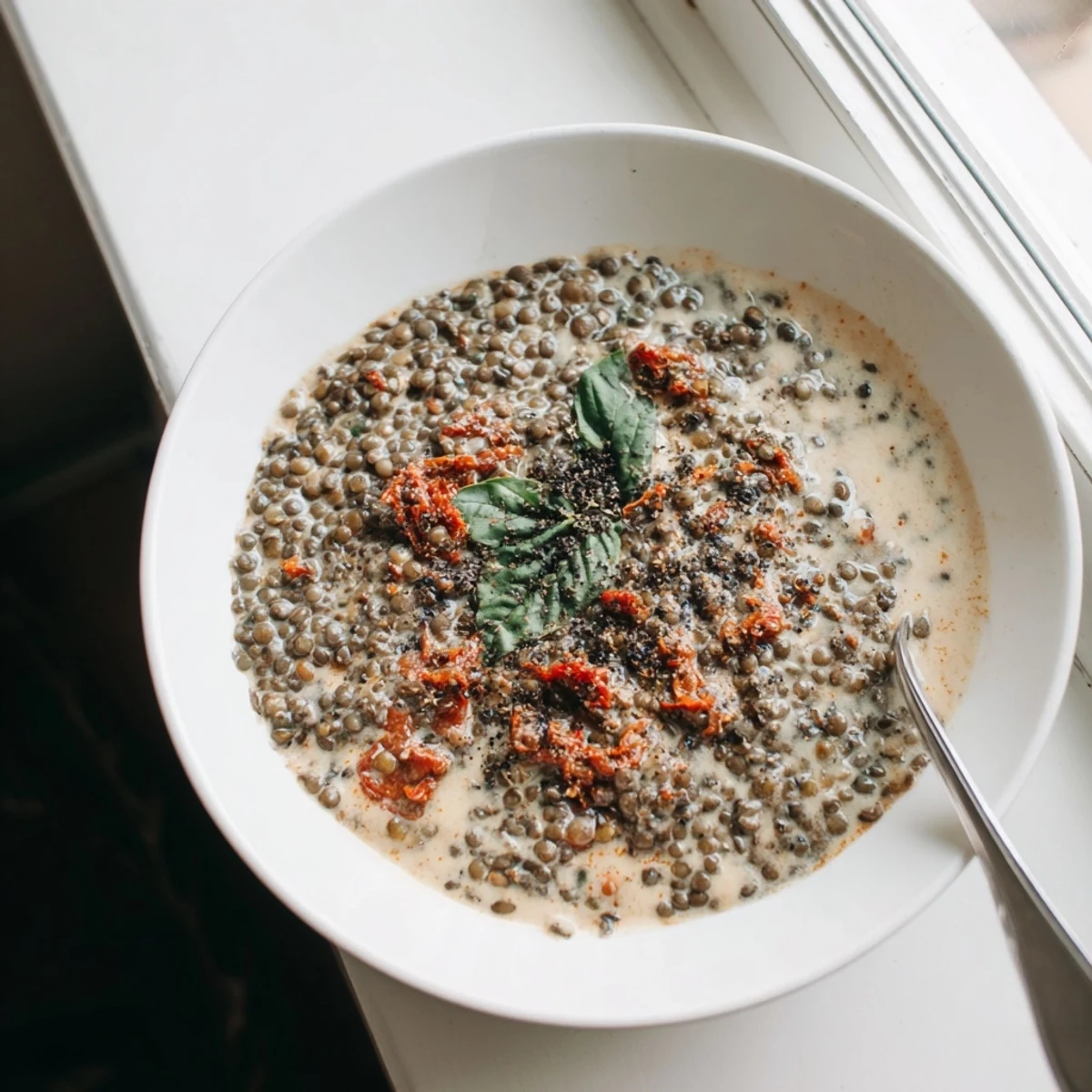 Golden Creamy Marry Me Lentils served in a rustic bowl garnished with Parmesan cheese