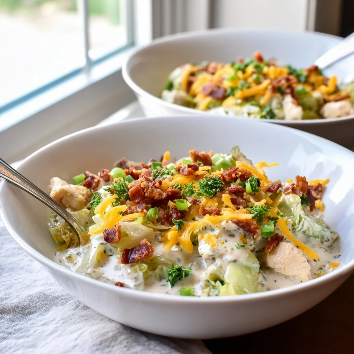 Creamy chicken bacon ranch cabbage bowls topped with melted cheddar and fresh green onions