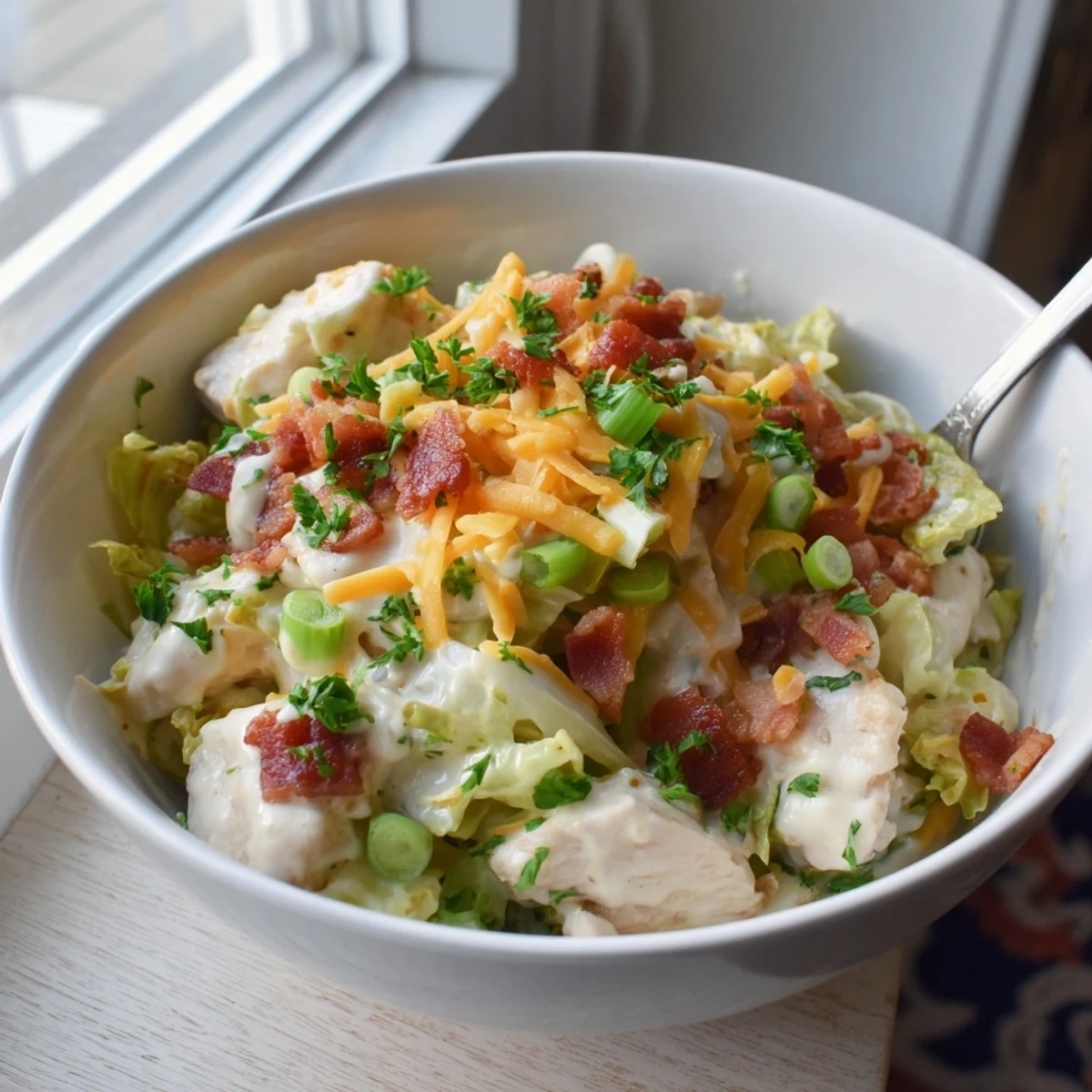 Tender chicken and crispy bacon tossed in creamy ranch sauce over sautéed green cabbage