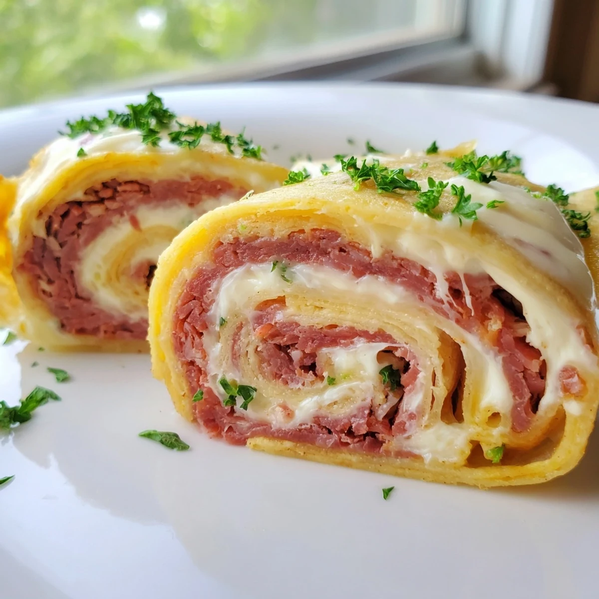 Golden low carb Reuben egg roll ups stuffed with corned beef and melted Swiss cheese