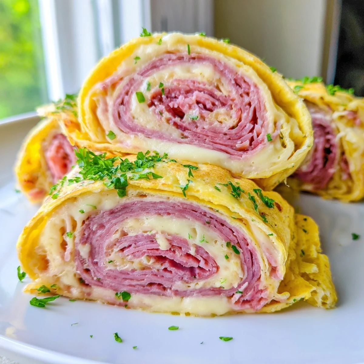 Low carb Reuben egg roll ups sliced to reveal tangy sauerkraut and tender beef filling