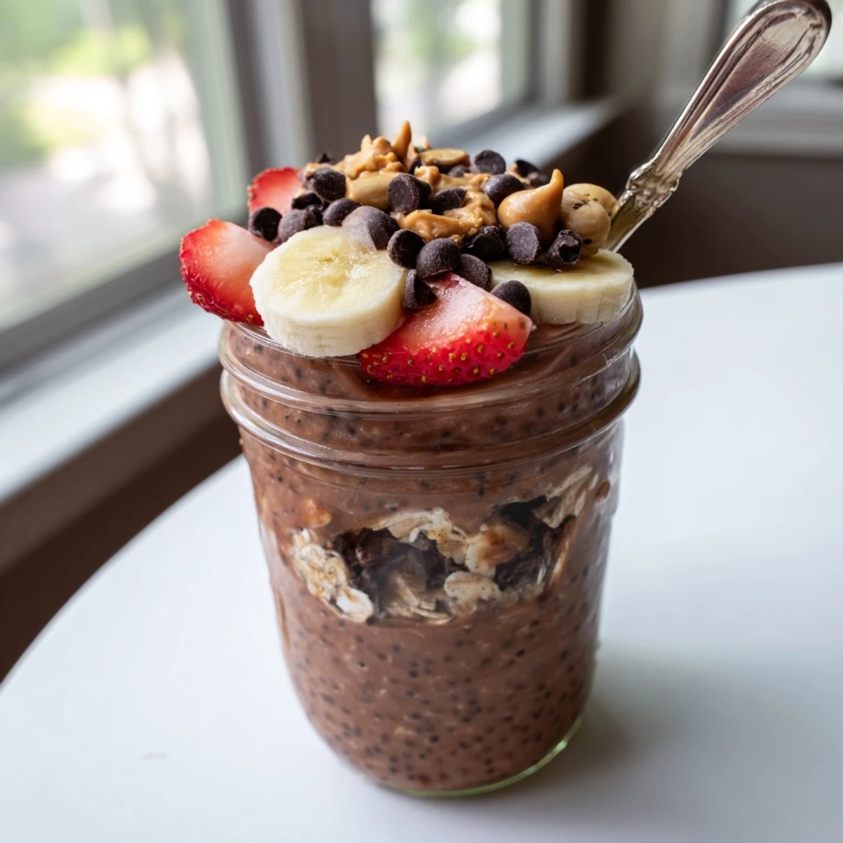 Creamy chocolate peanut butter overnight oats topped with chocolate chips and chopped peanuts in a mason jar