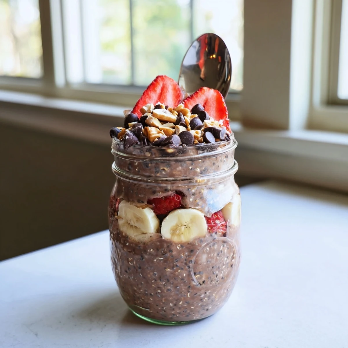 Rich chocolate peanut butter overnight oats served in a jar with banana slices and sprinkled cocoa