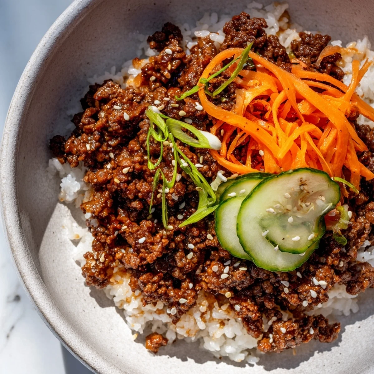 Asian Korean Beef Bowls topped with fresh carrots, cucumber, and sesame seeds on steamed rice
