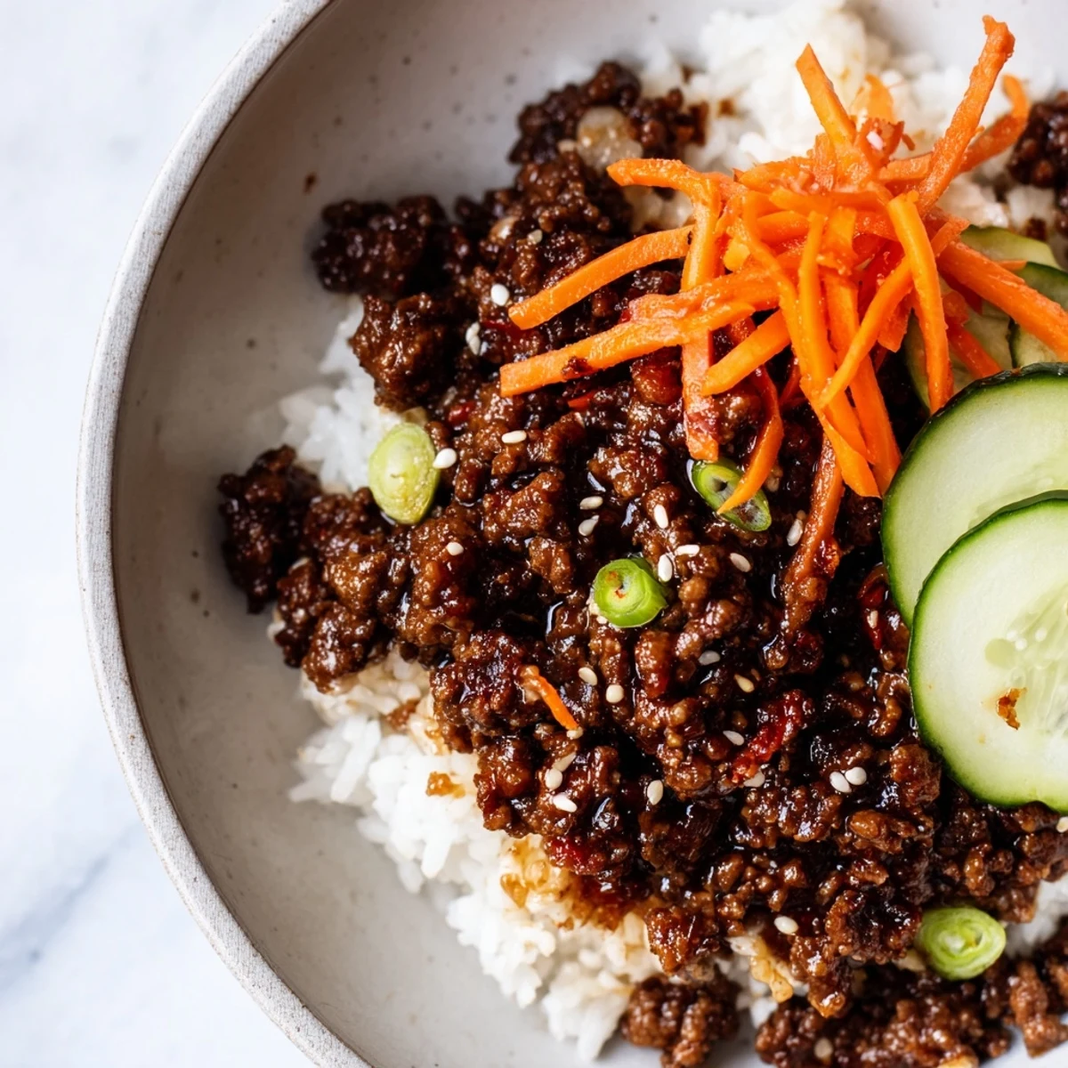 Savory Asian Korean Beef Bowls served in white ceramic dishes with colorful fresh vegetable toppings