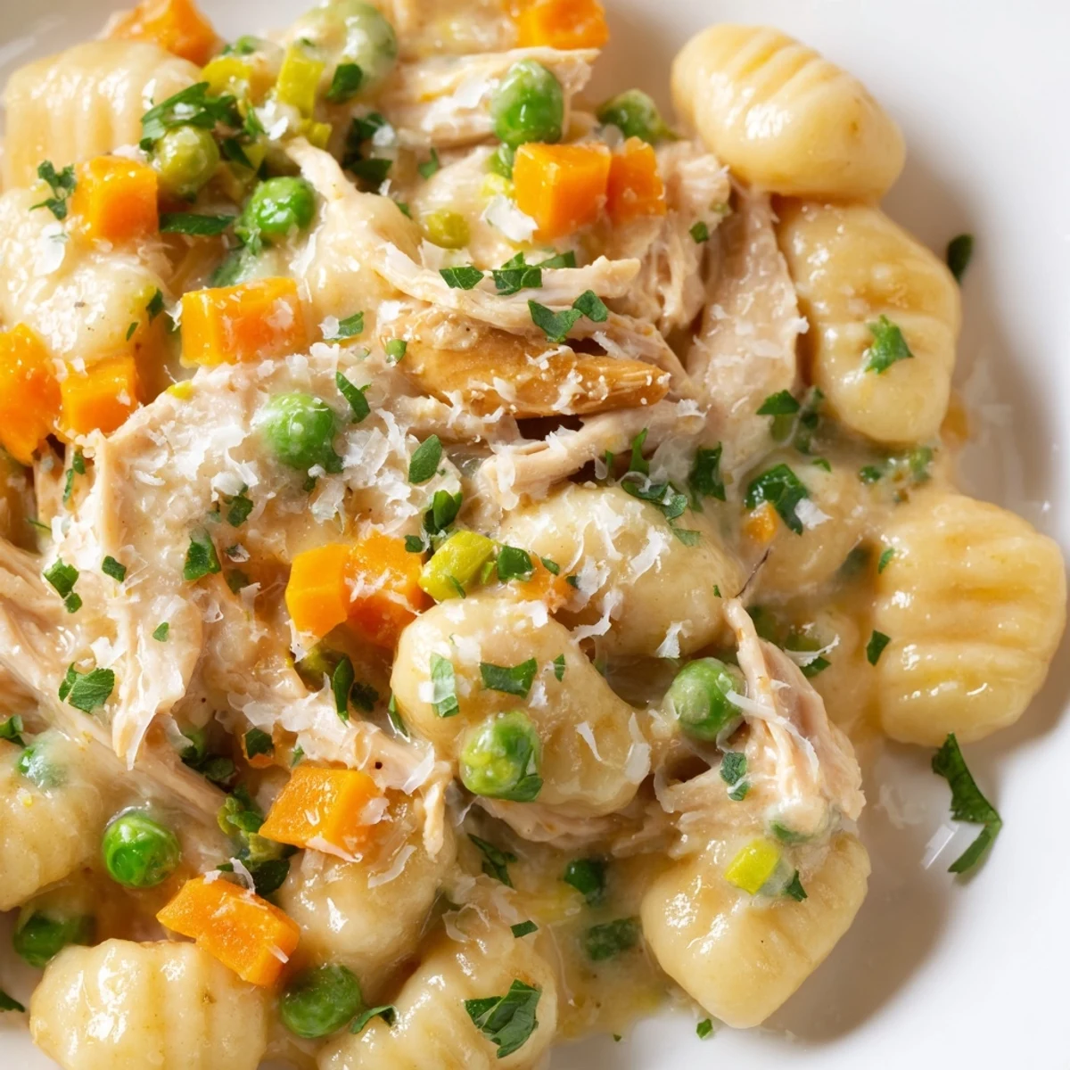 Creamy one pot gnocchi chicken pot pie served in a rustic skillet with fresh parsley garnish