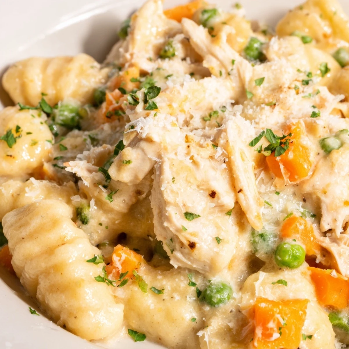 Golden one pot gnocchi chicken pot pie with tender vegetables and bubbling cheese topping