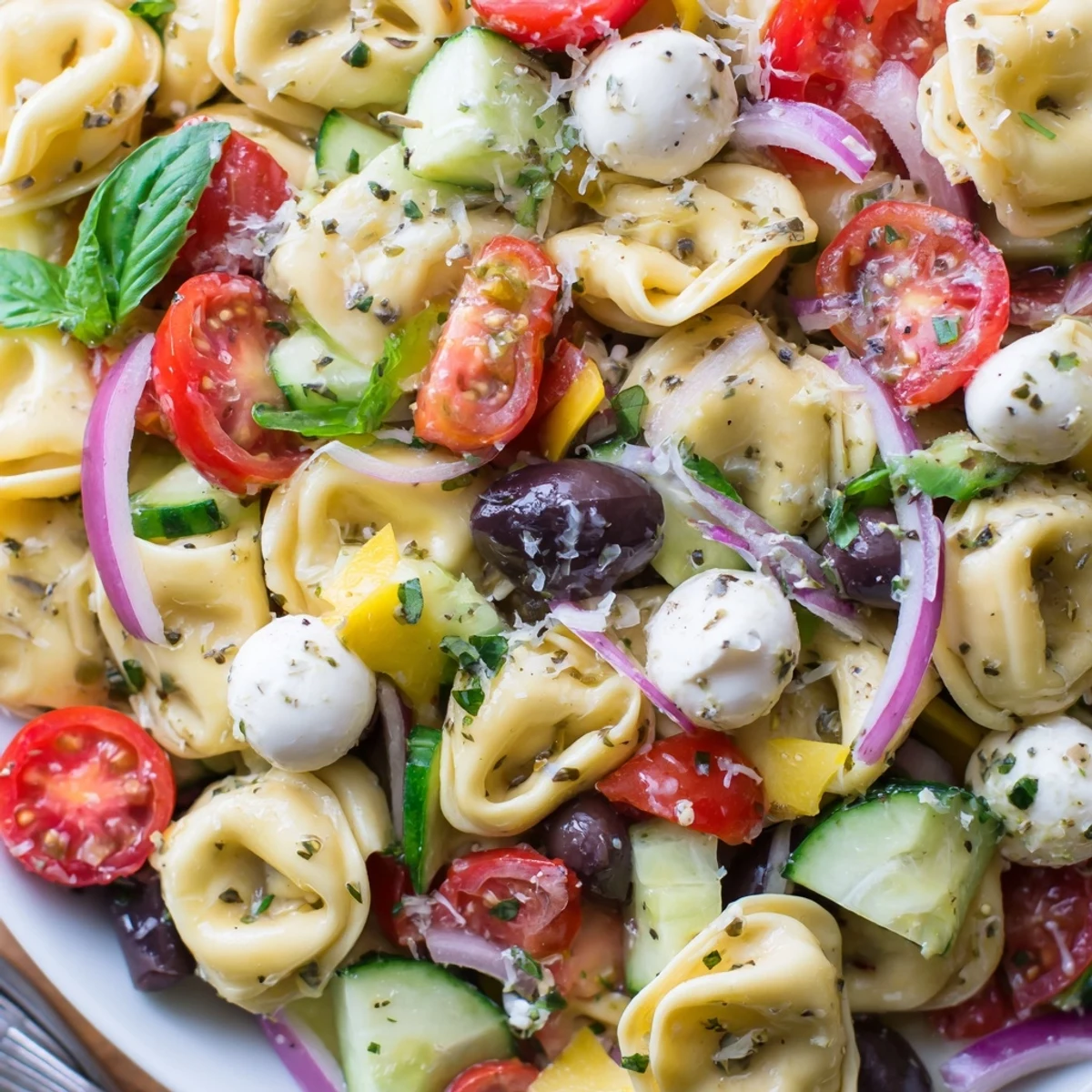Cheese tortellini salad glistening with herb dressing, colorful vegetables, and fresh basil leaves