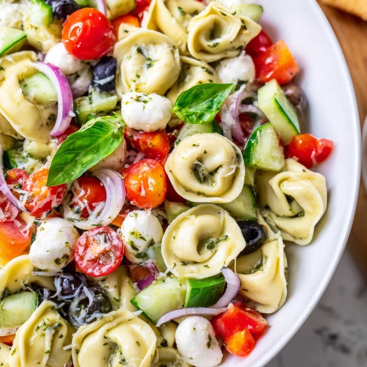 Colorful tortellini salad with cherry tomatoes, cucumber, and mozzarella tossed in zesty Italian dressing