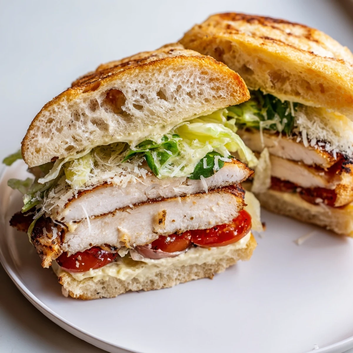 Golden toasted ciabatta roll filled with sliced grilled chicken Caesar sandwich and fresh romaine lettuce