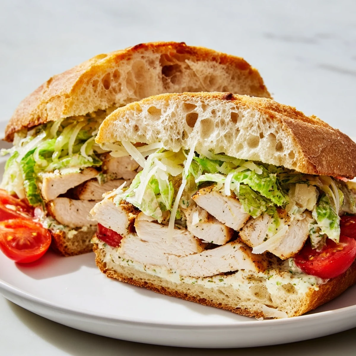 Juicy grilled chicken layered with creamy Caesar dressing and crisp romaine on crusty bread