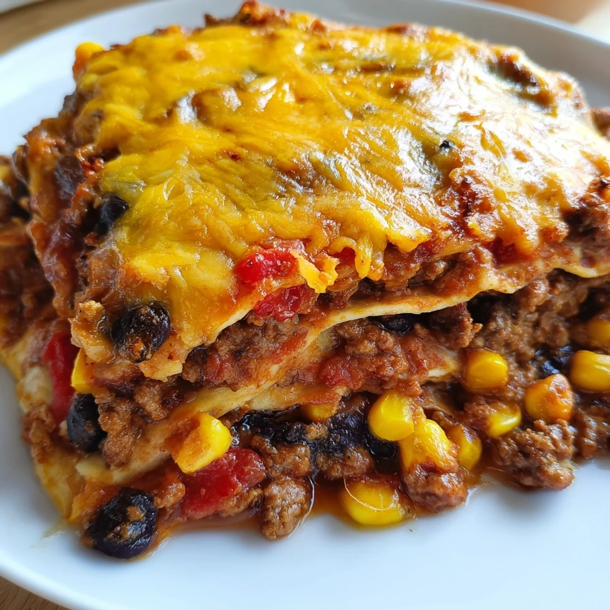 Golden melted cheese tops this hearty Mexican lasagna with layers of seasoned beef and tortillas