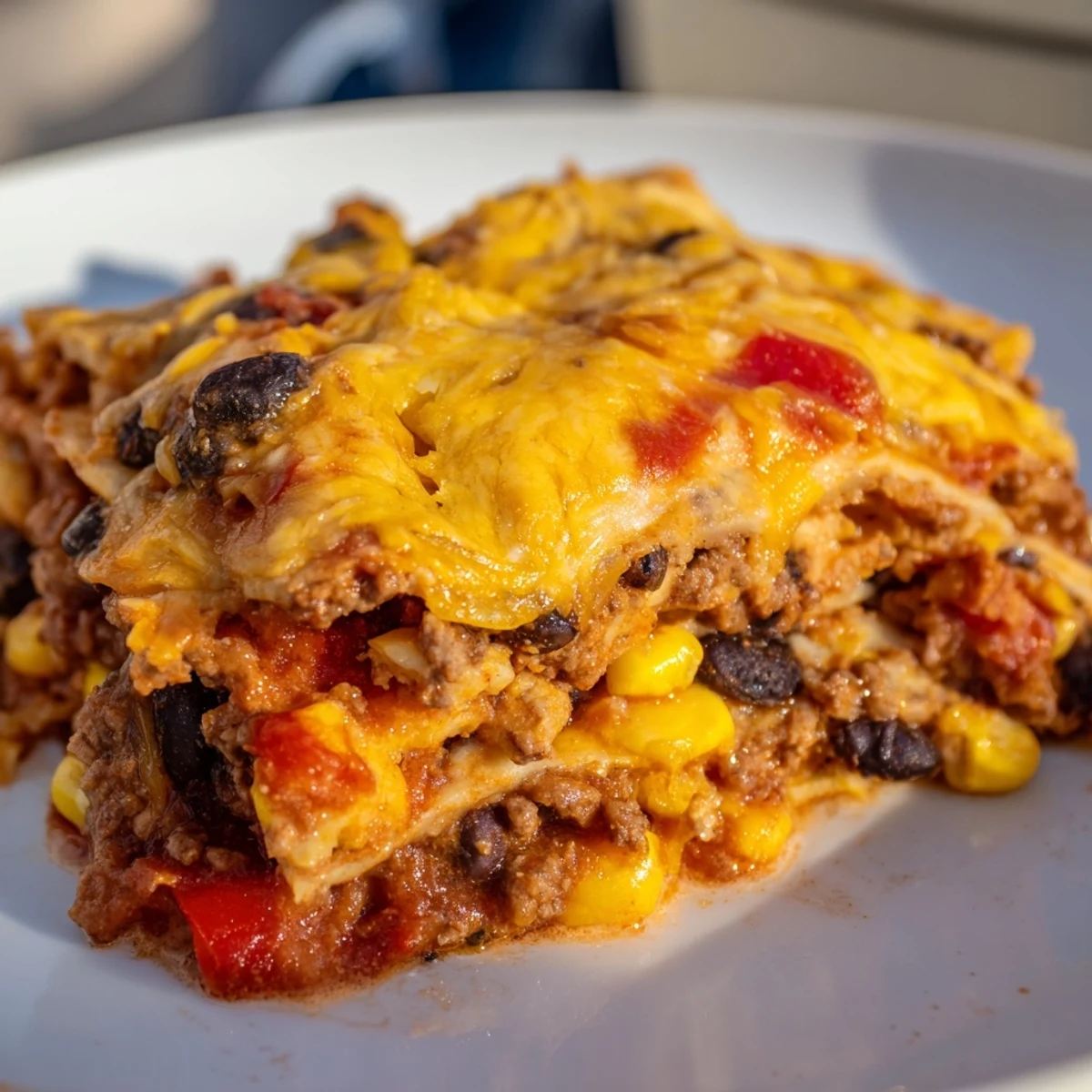 Mexican lasagna bubbling with spicy ground beef beans corn and melted cheddar cheese