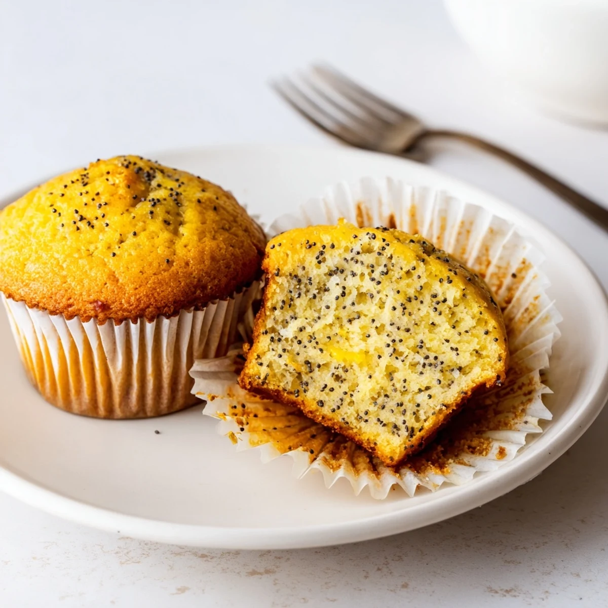 Golden lemon poppy seed muffins with domed tops fresh from the oven