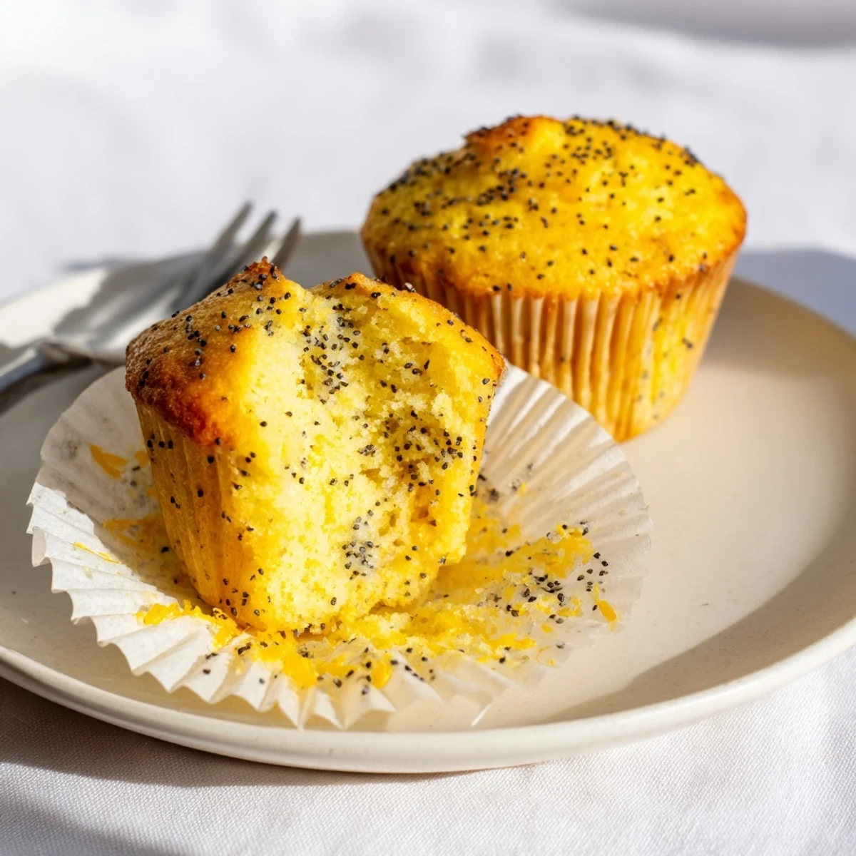 Moist lemon poppy seed muffins speckled with zest on a rustic plate