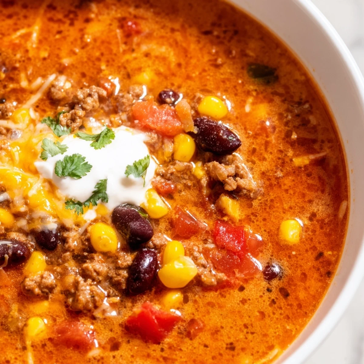 Steaming bowl of Crockpot Ground Beef Taco Soup topped with melted shredded cheese and crispy tortilla strips