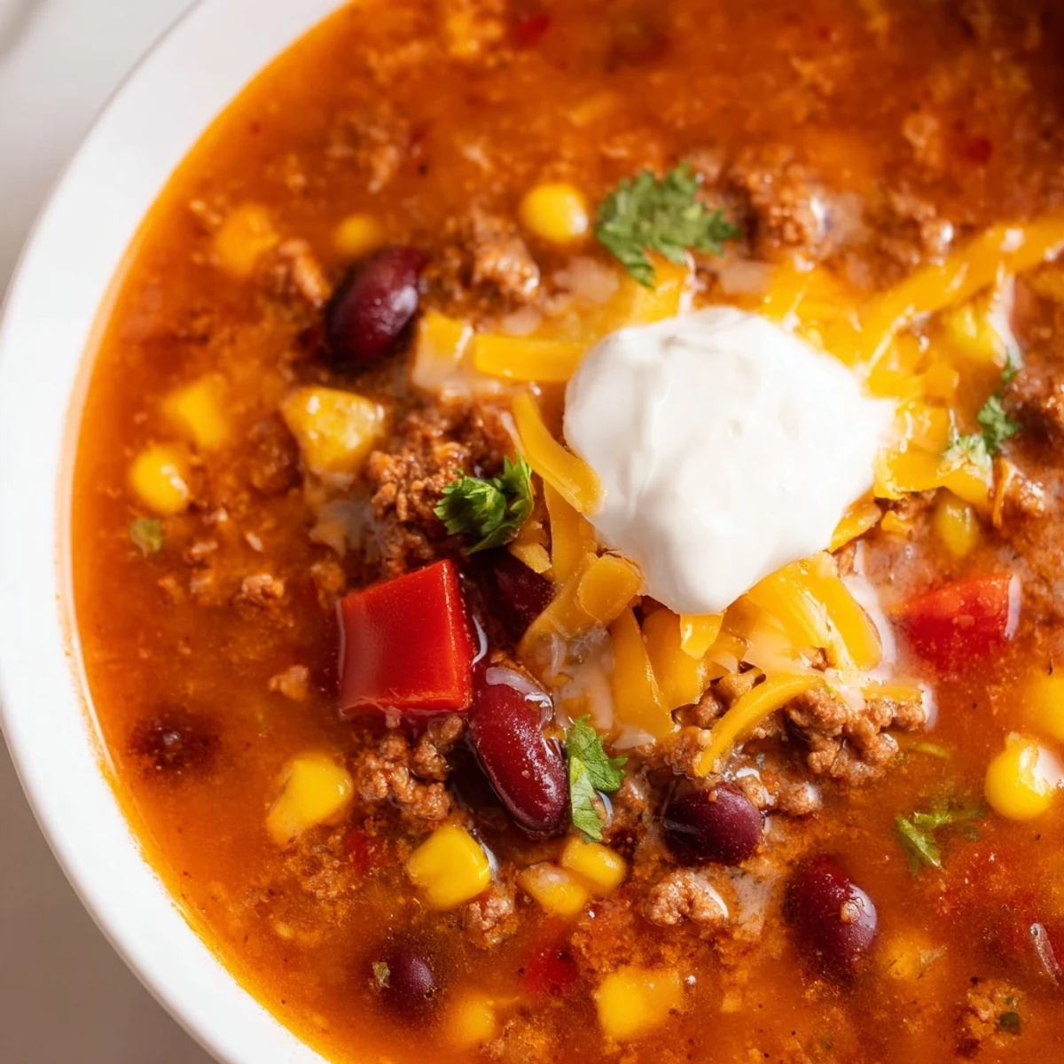 Hearty Crockpot Ground Beef Taco Soup loaded with tender beans, sweet corn, and savory beef broth