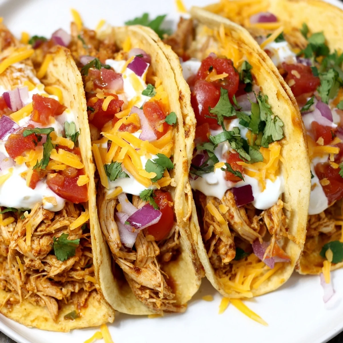 Tender slow cooker shredded chicken tacos in crispy shells with creamy avocado slices