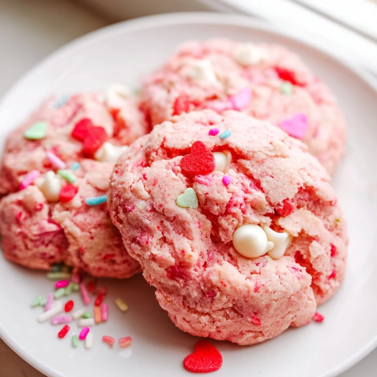 Soft pink Valentine Strawberry Cookies with white chocolate chips on a rustic baking sheet