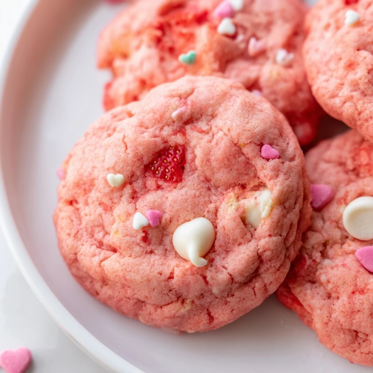 Chewy Valentine Strawberry Cookies studded with melted white chocolate and fresh strawberry pieces