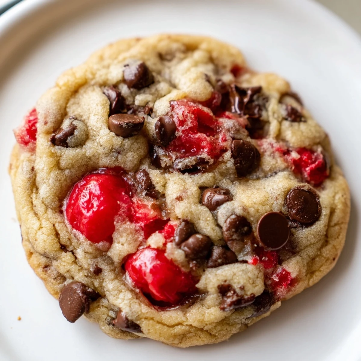 Soft maraschino cherry chocolate chip cookies with vibrant red fruit pieces and melted chocolate morsels