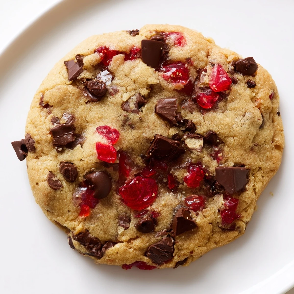 Golden-brown maraschino cherry chocolate chip cookie showcasing chewy texture and colorful cherry flecks throughout