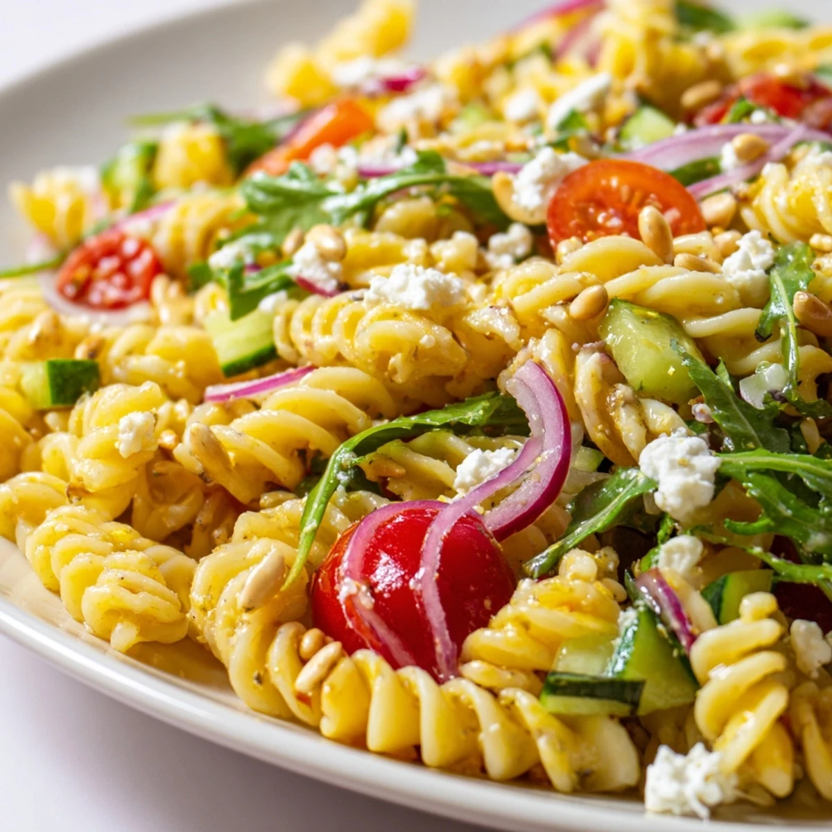 Bright lemon arugula pasta salad tossed with cherry tomatoes and crumbled feta cheese
