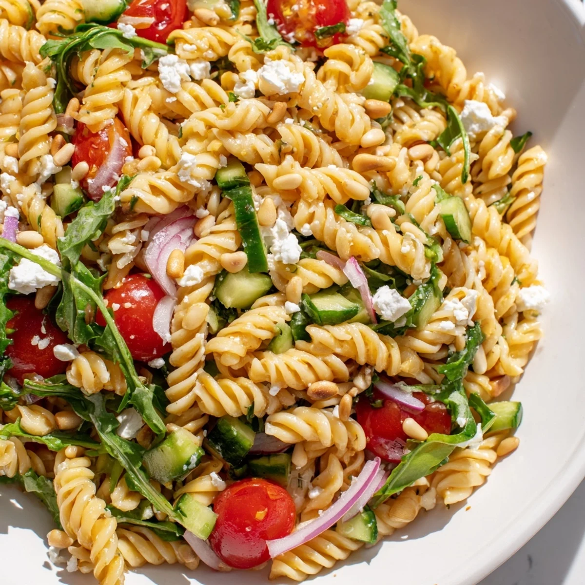Zesty quick lemon arugula pasta salad served in a white bowl with fresh garnish